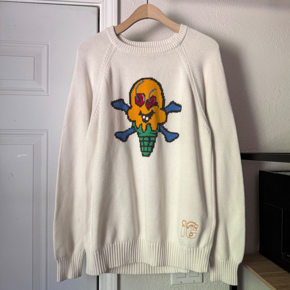 ICE CREAM white chunky cotton stretchy logo graphic crew neck pullover sweater